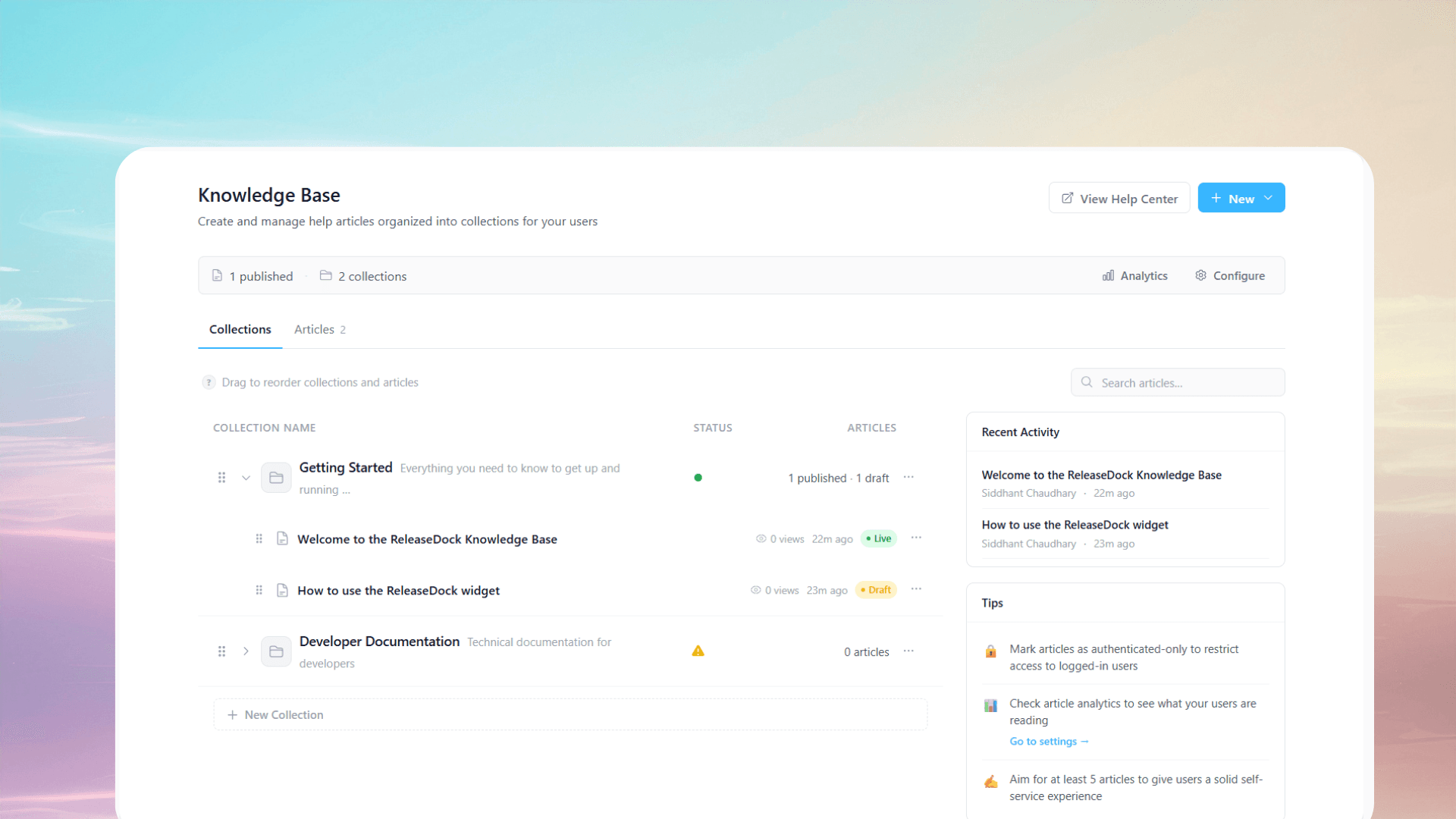 ReleaseDock knowledge base dashboard