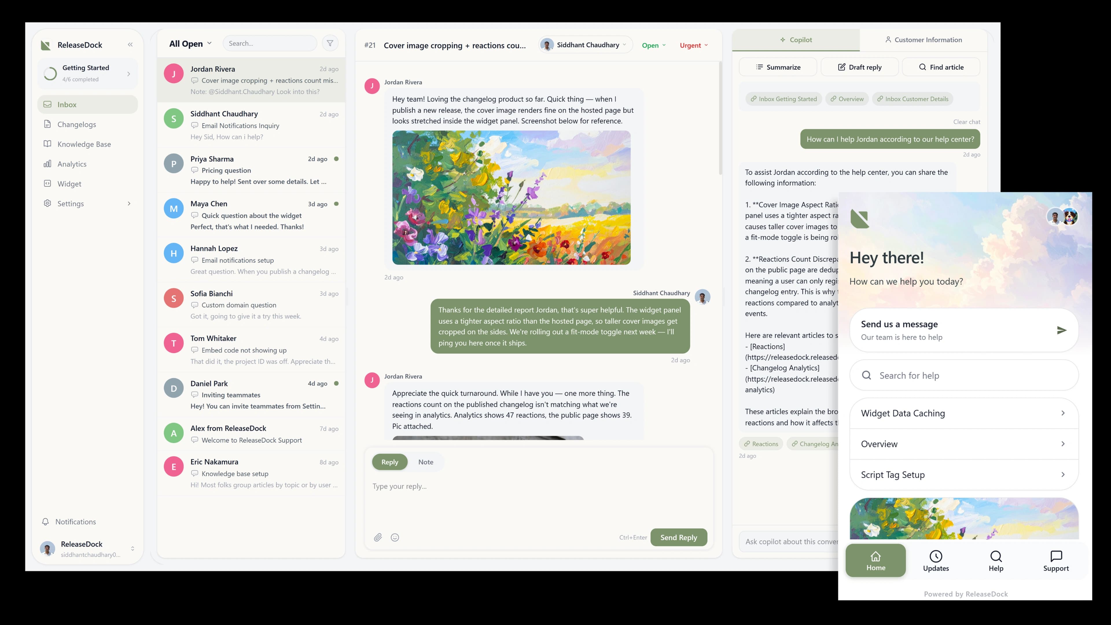 ReleaseDock in action — the support inbox, AI Copilot, and customer widget shown together