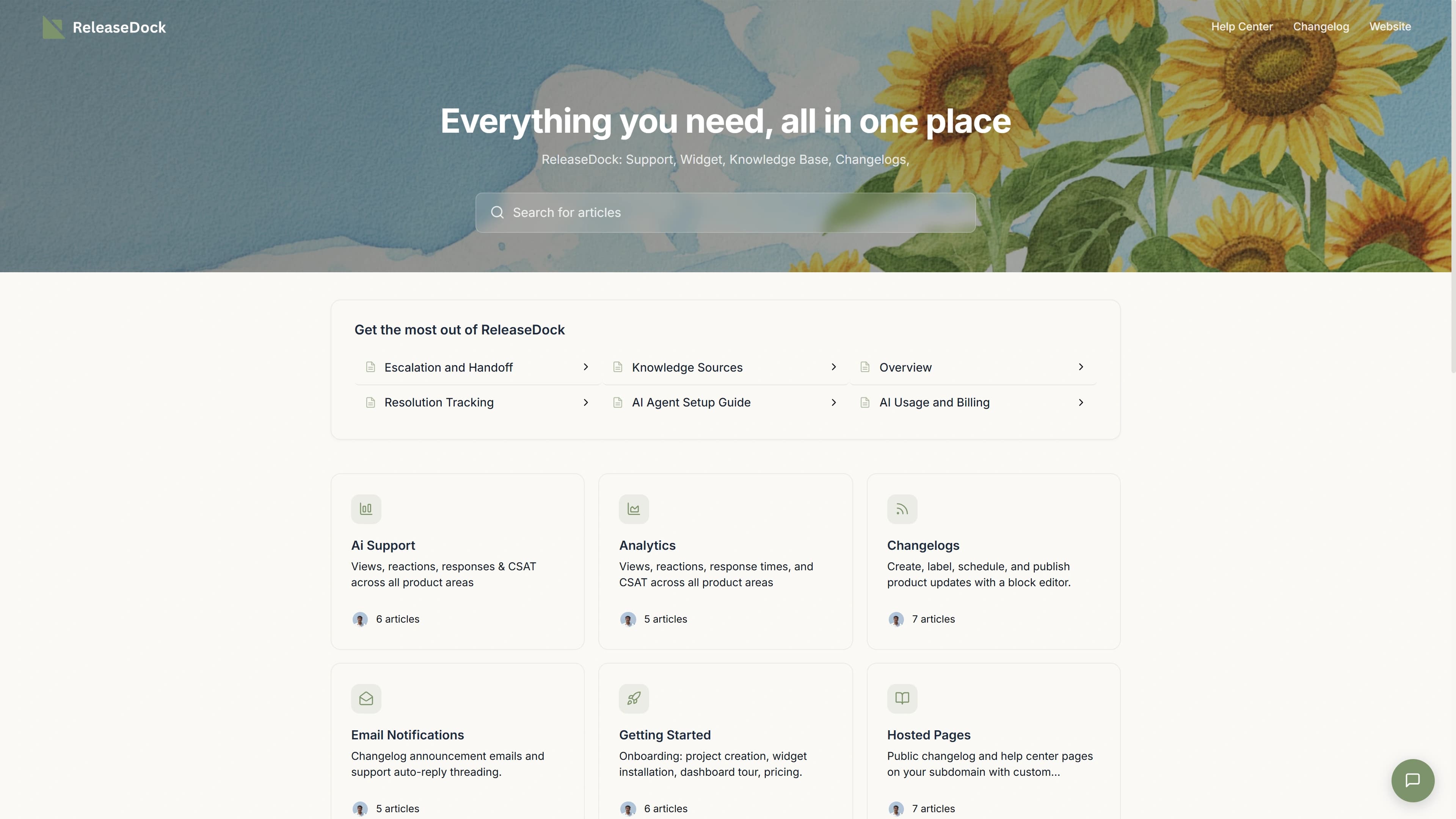 A branded ReleaseDock help center with search, collections, and articles served on a customer's own domain
