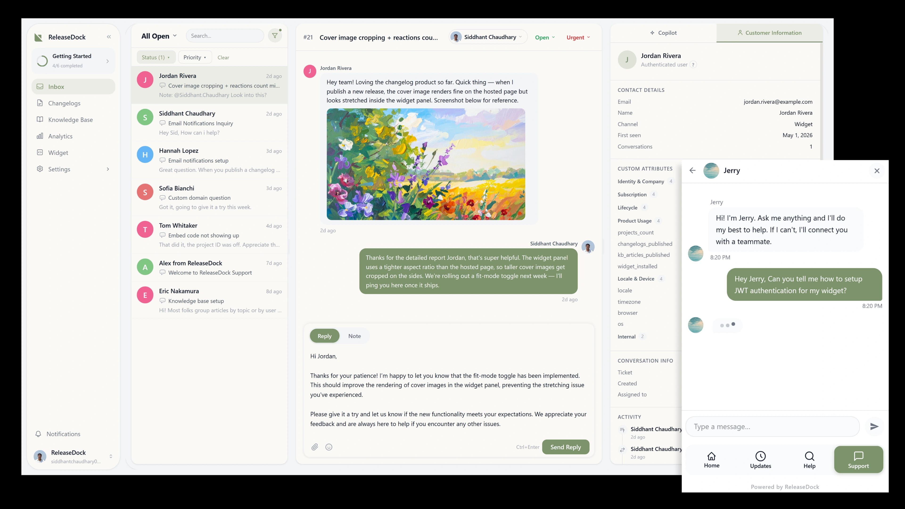 ReleaseDock AI support agent answering a customer in the widget with a cited source