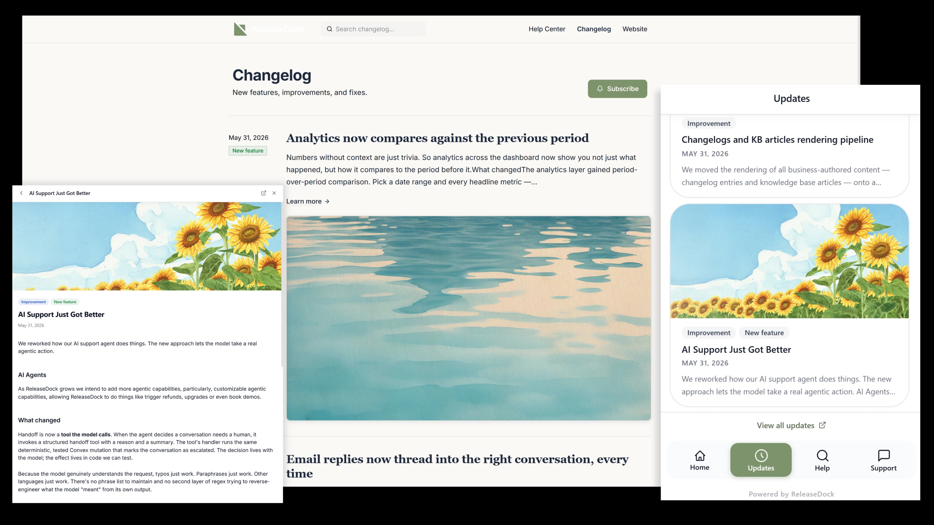 ReleaseDock changelog, the block editor and the published, branded changelog page shown together