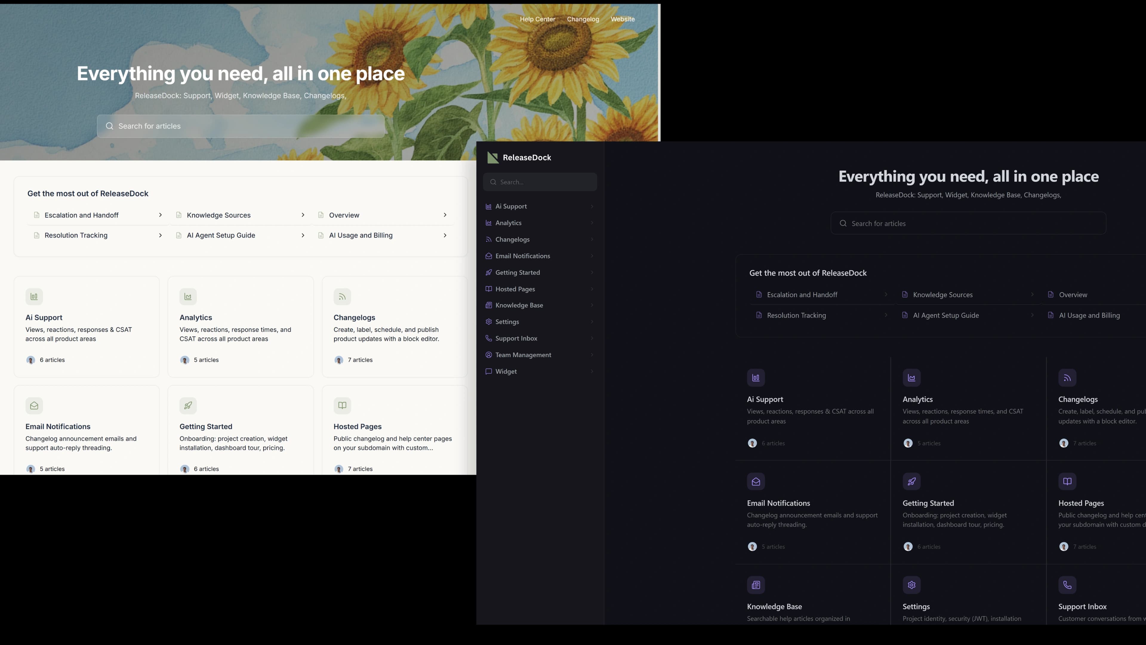 ReleaseDock hosted pages, a branded help center and changelog shown on a custom domain