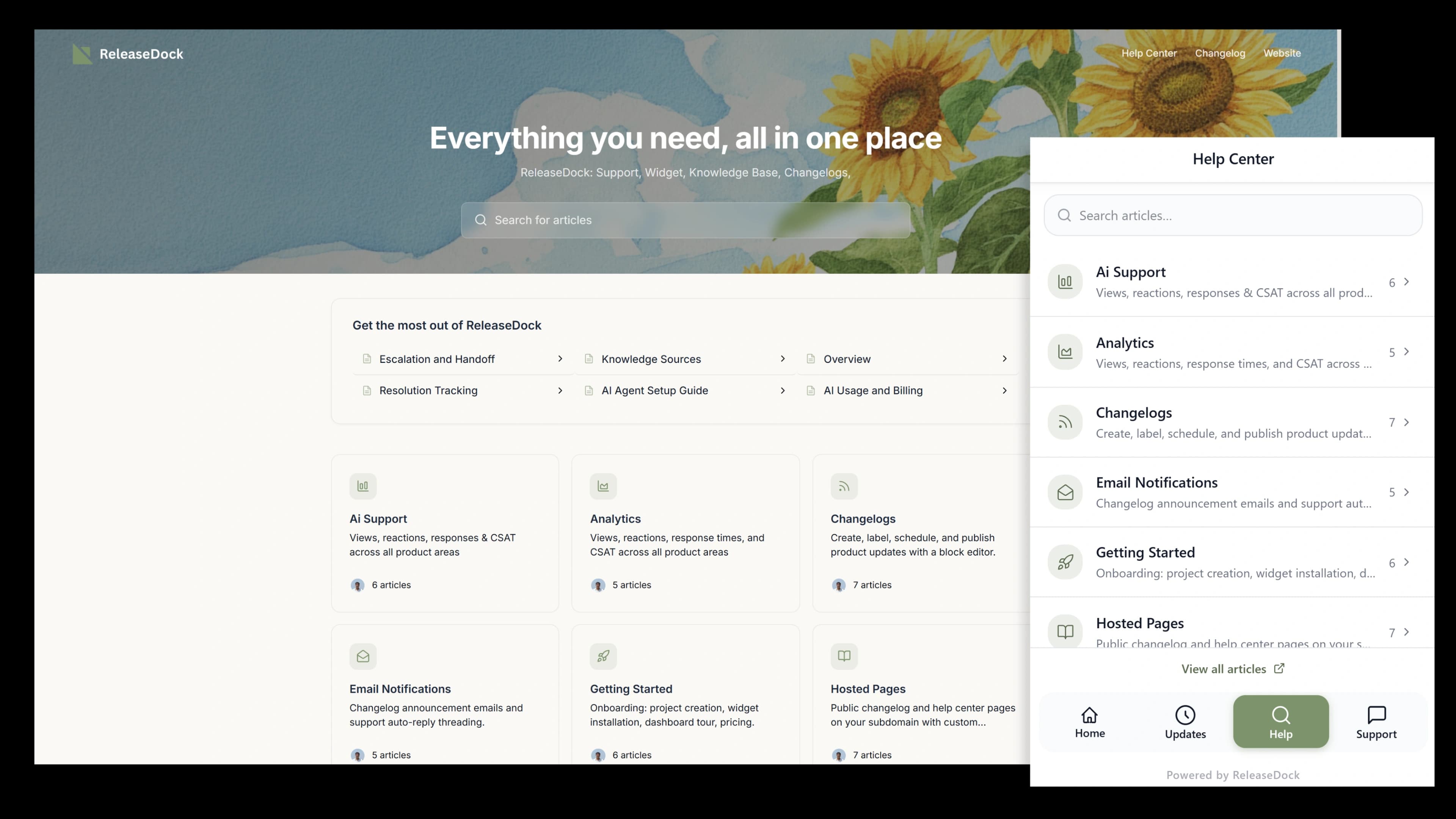 ReleaseDock knowledge base, the article editor and the published, searchable help center shown together
