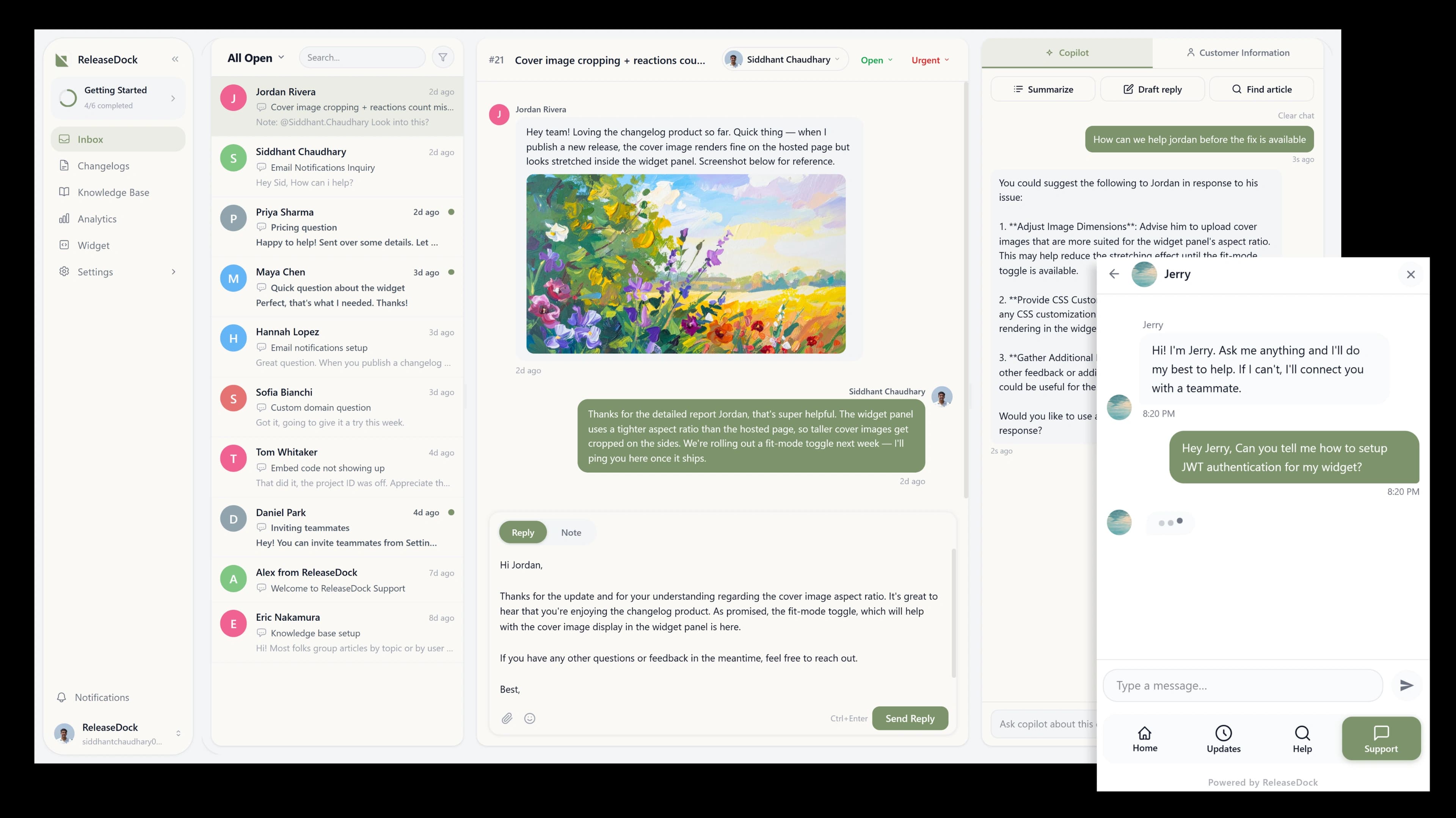 ReleaseDock support, the in-app widget chat and the agent inbox shown together