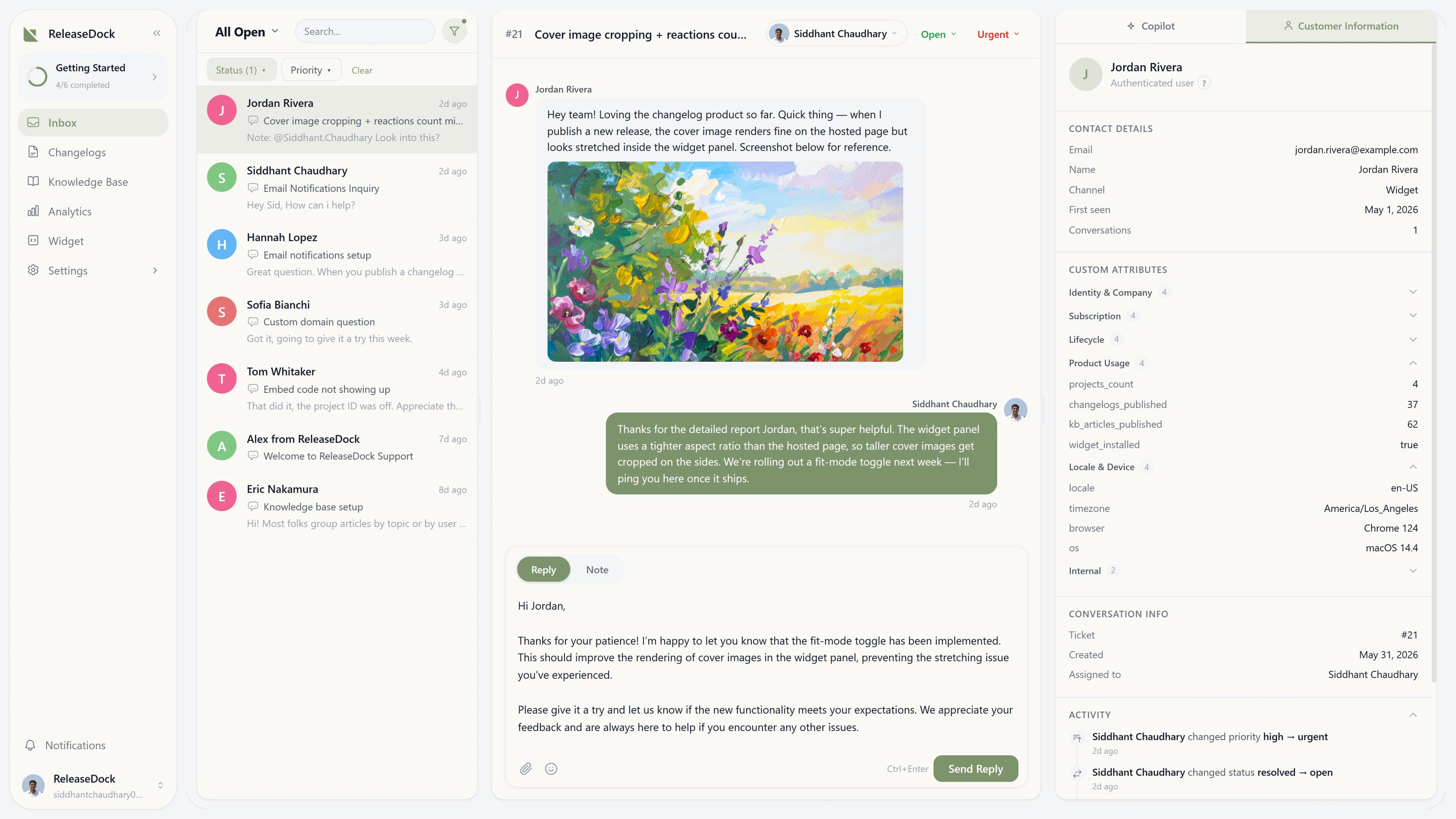 The ReleaseDock inbox showing a conversation alongside full customer context and attributes